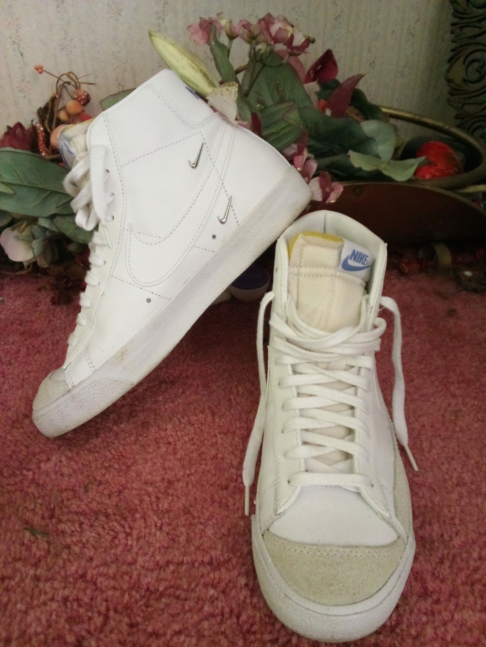 Nike White High-Top Sneakers with Light Blue Tongue Logo